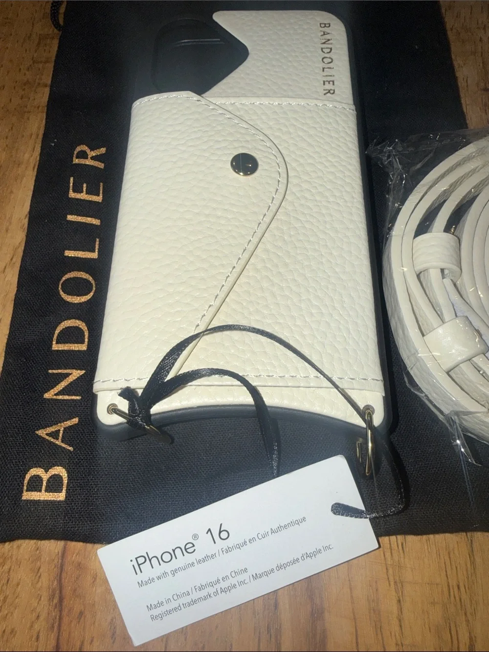 BANDOLIER iPhone 16 Leather Ivory & Gold Phone Case Wallet with Strap BRAND NEW!